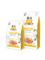 Brit Care Cat Grain-Free Haircare Healthy & Shiny Coat - Пълноценна, високо качествена  храна за котки над 1 година, за здрава кожа и блестяща козина без зърнени добавки, със сьомга, пилешко, грах и сушени ябълки - 0.400 кг