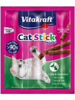 Vitakraft Cat-Stick mini duck/rabbit - саламена пръчица неустоимо лакомство за котки с патешко и заешко месо - 3 бр.