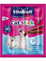 Vitakraft Cat-Stick mini salmon/trout - саламена пръчица неустоимо лакомство за котки със сьомга и пъстърва - 3 бр.