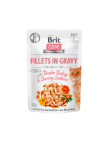 Brit Care Cat Fillets in Gravy with Tender Turkey & Savory Salmon - Високо качествен, неустоим пауч за котки над 1 година с цели филеца, пуешко, пилешко, сьомга и черен дроб - 85 гр.