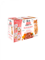 Brit Care Cat Flavour box Fillet in Jelly - Високо качествени, неустоими 4 вида паучове в желе  за котки над 1 година с цели филеца, пилешко, пуешко, скариди и черен дроб - 4 вида х 3 броя по 85 гр.