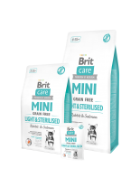 Brit Care Mini Light & Sterilised - Хипоалергенна храна  БЕЗ зърнени култури за кучета от малки породи с наднормено тегло или кастрирани  със заешко и сьомга - 2 кг.