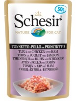 Schesir Tuna and Chicken with Ham - Високо качествен и неустоим пауч за котки с пилешко филе, риба тон и шунка - 50 гр.