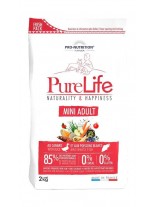 Flatazor Pro-Nutrition PureLife Mini Adult Grain free - Пълноценна, високо протеинна (85%), основна храна за подрастващи кучета  над 1 години, от Mini породите, без зърнени съставки с патица, пиле, пуйка и свинско месо - 2 кг.