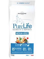 Flatazor Pro-Nutrition PureLife Medium Adult Grain free - Пълноценна, високо протеинна (85%), основна храна за кучета  над 1 години, от средните породи, без зърнени съставки с патица, пиле, пуйка и свинско месо - 12 кг.