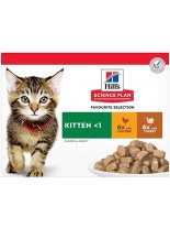 Hills Science Plan Kitten Poultry Selection - колекция паучове, малки късчета в сос грейви за котенца от отбиване до 1година, за бременни и кърмещи котки с пилешко и пуешко - 12x85 гр. - /3 с пилехко месо и 3 с пуешко/