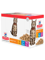 Hills Science Plan Feline Adult Favourite Selection - колекция от паучове, малки късчета в сос gрейви за зрели котки над 1 година - 12 бр.х85 гр. - /6 x с телешко, 3 x с пилешко, 3 x с океанска риба/