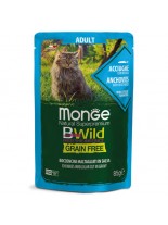 Monge BWILD Grain Free Adult - Неустоим пауч  с хапки в сос, без зърнени храни за котки над 1 година с аншоа и зеленчуци - 85 гр.