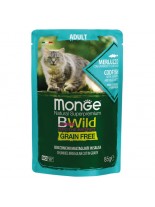 Monge BWILD Grain Free Adult - Неустоим пауч  с хапки в сос, без зърнени храни за котки над 1 година с риба треска, скариди и зеленчуци - 85 гр.