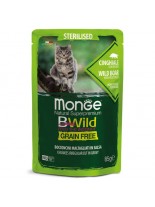 Monge BWILD Grain Free Sterilised - Неустоим пауч  с хапки в сос, без зърнени храни за котки над 1 година с глиганскоо и зеленчуци - 85 гр.