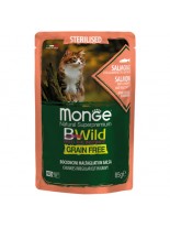 Monge BWILD Grain Free Sterilised - Неустоим пауч  с хапки в сос, без зърнени храни за котки над 1 година със сьомга, скариди и зеленчуци - 85 гр.