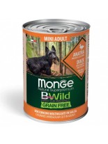 Monge BWILD Grain Free – Duck with Pumpkin and Zucchini – Mini Adult – Консерва без зърнени храни, за кучета над 1 година от малките породи хапки в сос с патешко месо, тиква и тиквички  - 400 гр.