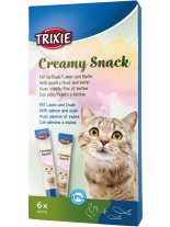 Trixie Creamy Snacks - Неустоимо лакомство за котки - 2 вкуса: със сьомга и инулин и домашни птици, черен дроб и биотин - 6х15 гр.